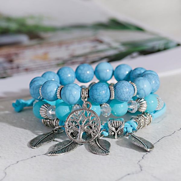 

beaded, strands 3pcs/set leaves heart alloy pendant beads pulseras mujer boho bracelet for women gift natural stone wristband bangles, Black