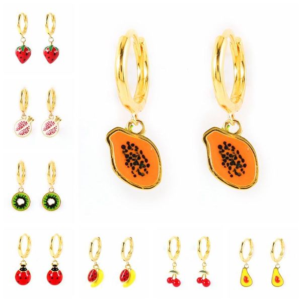 

hoop & huggie canner 925 sterling silver earrings for women cute fruit charms ear hoops with papaya kiwi avocado pendants earring accessorie, Golden;silver