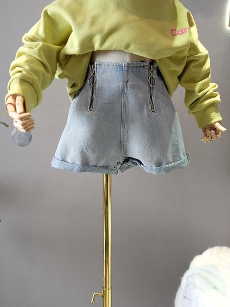 

shorts zipper decorated washed blue curled denim girls' spring 2021 children's, Black
