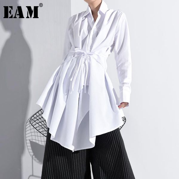 

women's blouses & shirts [eam] women white bandage asymmetrical long blouse lapel sleeve loose fit shirt fashion tide spring autumn 202