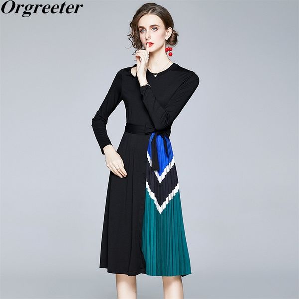 

runway design retro patchwork striped printted pleated long dress hollow out long/short sleeve sashes bow elegant ol 210602, Black;gray