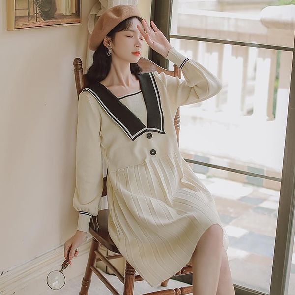 

casual dresses college style cute kawaii knitted dress navy collar stitching design sweet pullover vestidos femme elegant pleated autumn, Black;gray