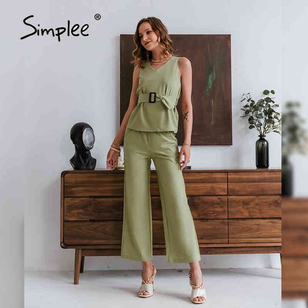 

elegant green two-piece women suit casual summer sleeveless v-neck pants sets fashion solid office ladies suits 210414, White