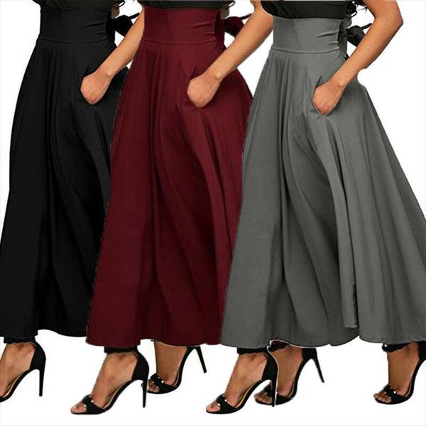 

high waist pleated long vintage womens skirts bowknot back flared full swing satin bottoms black gray red