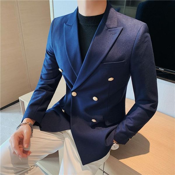 

men's suits & blazers korean style blazer suit jacket slim fit double-breasted notch lapel for weeding groom dress tuxedo s-3xl, White;black