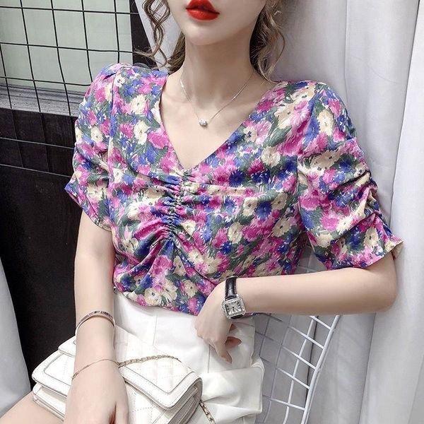 

women's blouses & shirts fashion women summer elegant french style casual lady short sleeve folds v-neck blusas mm0526, White