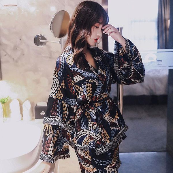 

womens sleepwears summer ladies pajamas set loose sleeve women comfort ice silk sleepwear coat camisole shorts 3pcs soft homewear, Black;red