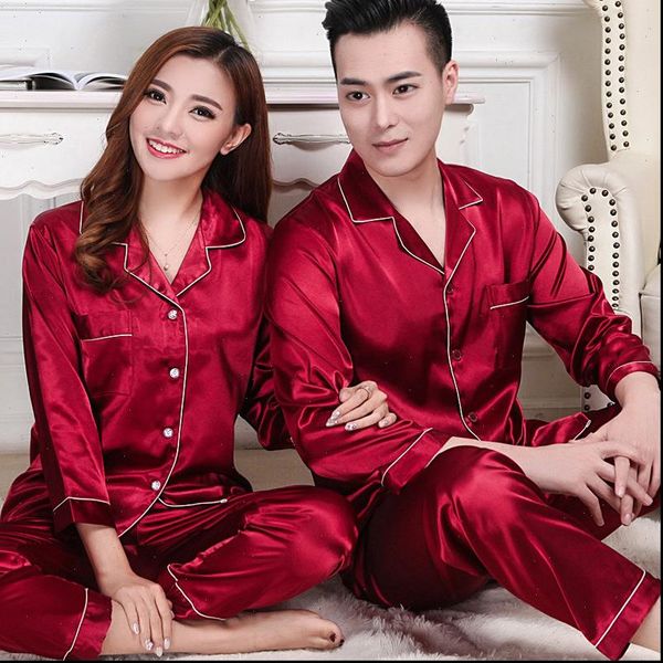 

couple pajamas spring and womens sleepwears autumn silk mens long sleeved suit, Black;red