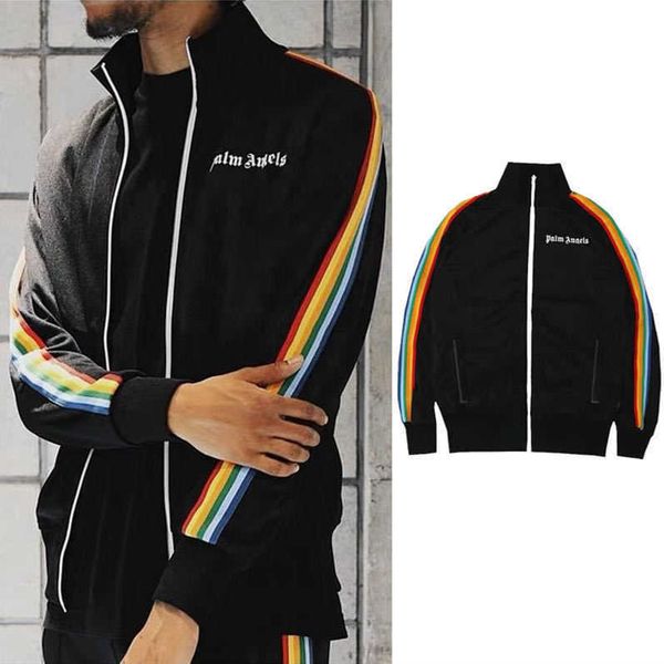 

rainbow stripe retro gradient pa/lm sportswear casual hip hop jacket zipper fashion 24h6, Black;brown