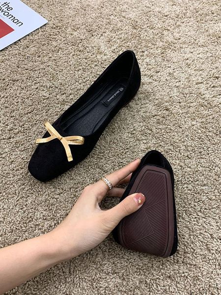 

square toe shoes women 2021 spring fashion bow casual soft low heels dress, Black