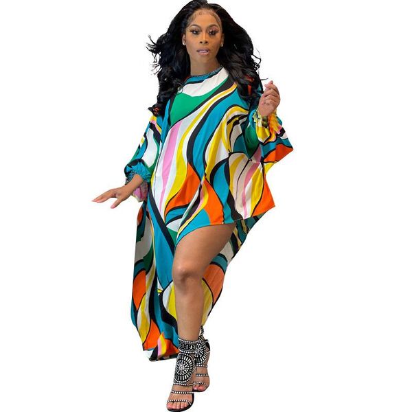 

casual dresses women dress 2021 summer loose waist stripe printed irregular long o-neck sleeve vestido feminino donsignet, Black;gray
