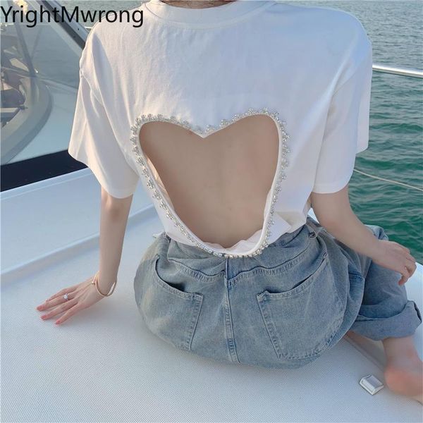 

women's t-shirt white cut hollow out backless rhinestone diamond short sleeve o neck women t shirt streetwear aesthetic fashion