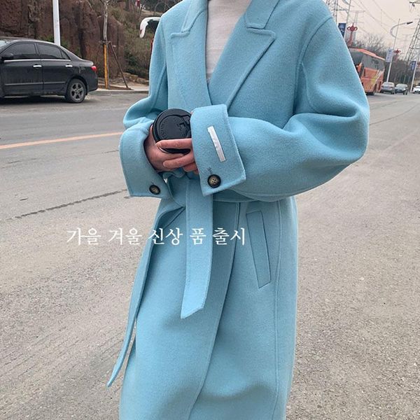 

women's trench coats high end temperament over the knee medium and long 2021 winter double-sided cashmere coat fashion blue wool, Tan;black