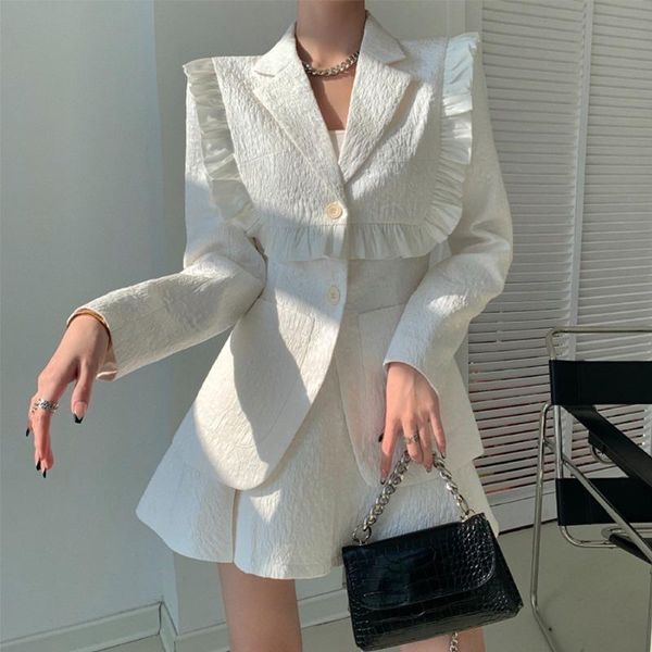 

black white women high waisted skirt 2021 office suits blazer two piece suit set retro ruffled jacket spring autumn aesthetic ol women', Black;brown