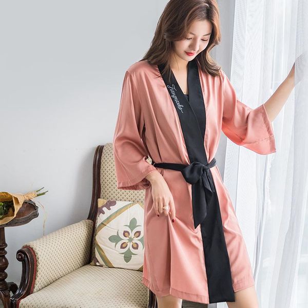 

kimono bathrobe gown women robe sleepwear pink satin bride bridesmaid wedding nightgown intimate lingerie casual homewear women's, Black;red