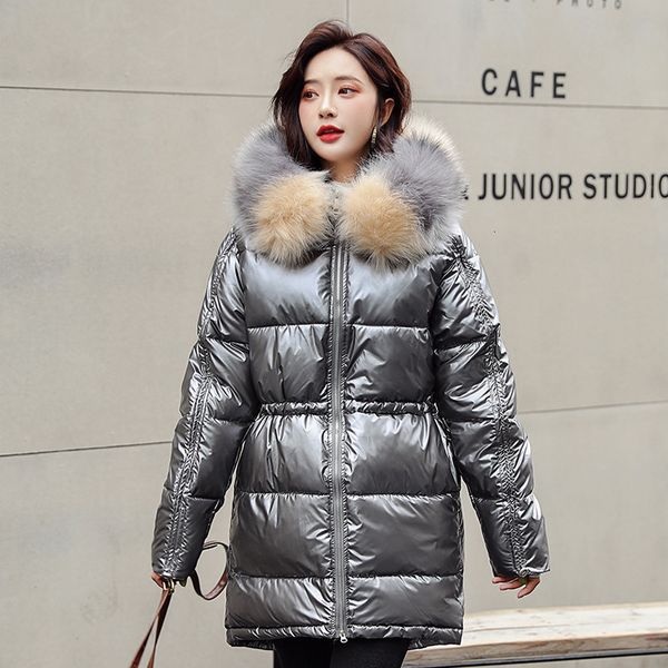

down winter cotton women korean style with fur collar glossy hooded coats thicken oversized warm overcoat, Black