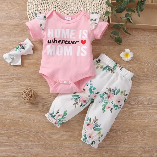 

0-12m born baby girl short sleeve cotton bodysuit floral long pant headband 3pcs clothing set sets, White