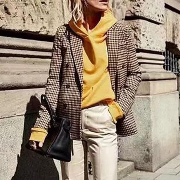 

women's suits & blazers vintage plaid women blazer double breasted chic feminino notched collar elegant ladies coat, White;black