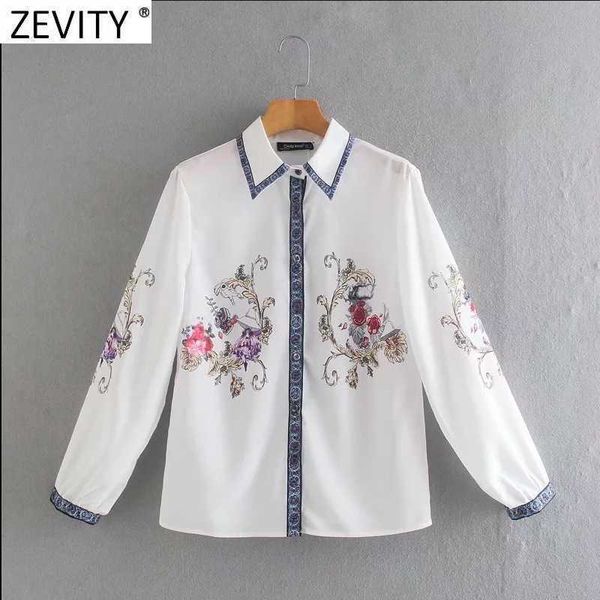 

zevity women vintage turn down collar position flower print casual smock blouse kimono shirt chic chiffon blusas ls9026 210603, White