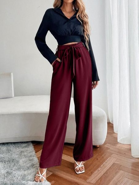

paperbag waist slant pocket wide leg belted pants e2eu#, Black;white