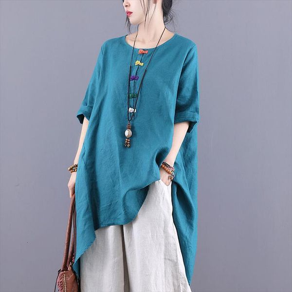 

summer arts style women shirt short sleeve loose vintage button cotton linen o neck long blouse plus size m105, White
