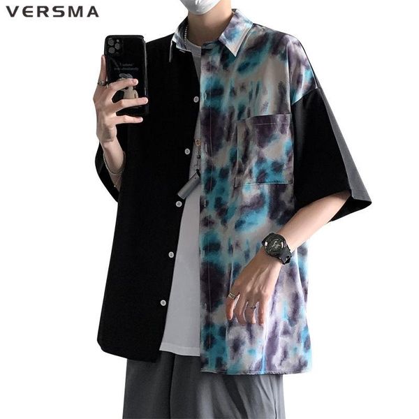 

men's casual shirts versma korean trendy ulzzang tie dye patchwork vintage shirt men women hip hop streetwear loose retro male drop, White;black
