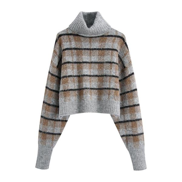 

women's sweaters mesttraf women 2021 fashion high neck check cropped knit sweater vintage long sleeve loose pullovers streetwear, White;black