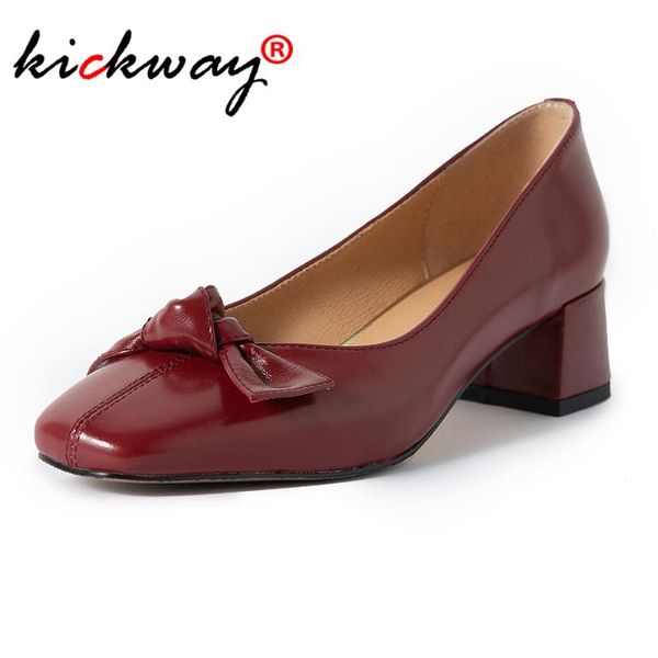 

dress shoes women genuine leather square toe medium heels sweet pump basic woman round butterfly-knot boat size 42, Black
