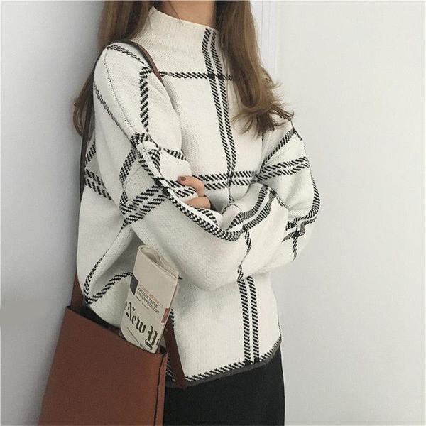 

knitted turtleneck long sleeve womens sweaters plaid pullovers autumn winter elegant femme checked sweater women knitwear mujer, White;black