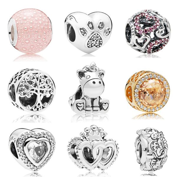 Memnon Jewelry 925 Sterling Charm a forma di cuore a forma di poker e a forma di coppa Fascino di radici di famiglia Perline di unicorno Perline a forma di cuore Corona Bracciali stile Pandora Fai da te