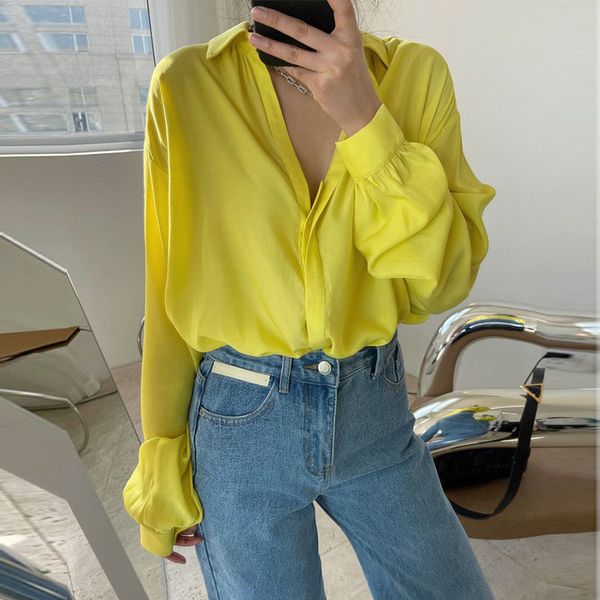 

women's blouses & shirts 2021 spring v-neck woman solid loose long sleeve women for minimalist single breasted elegant c, White