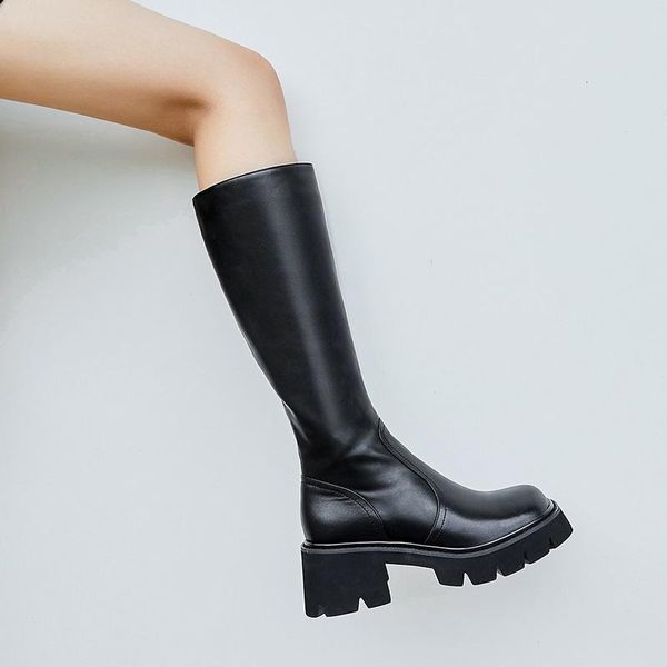 

solid zipper riding equestrian boots leather+pu thigh high 6 cm med heel platform winter shoes eva bottom, Black