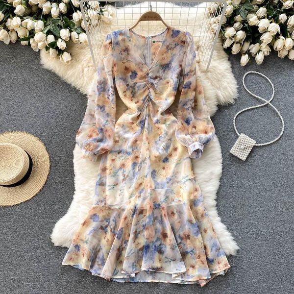 

casual dresses a153 women fashion retro sweet floral print a-line dress autumn 2021 pleated ruffle long sleeve vintage clothes vestidos, Black;gray