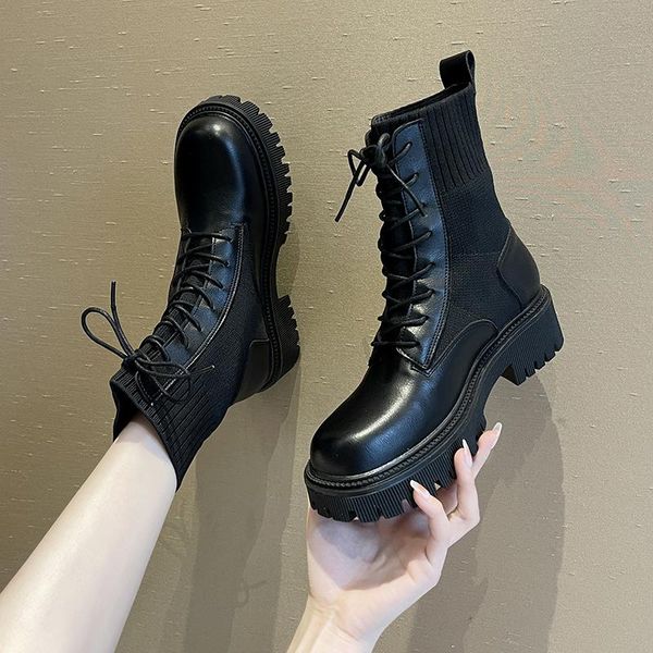 

boots sock women shoes stretch fabric ankle platform leisure knit round toe chunky botas mujer, Black