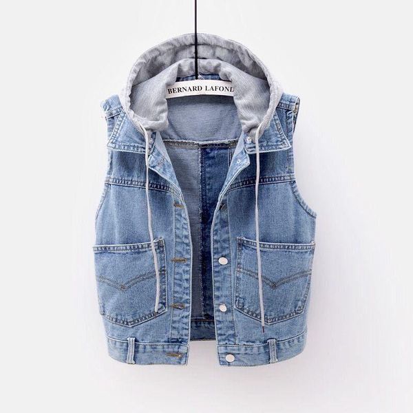 

women's vests denim vest short 2021 spring autumn korean version of the all-match hooded jacket female pocket buttons a20, Black;white