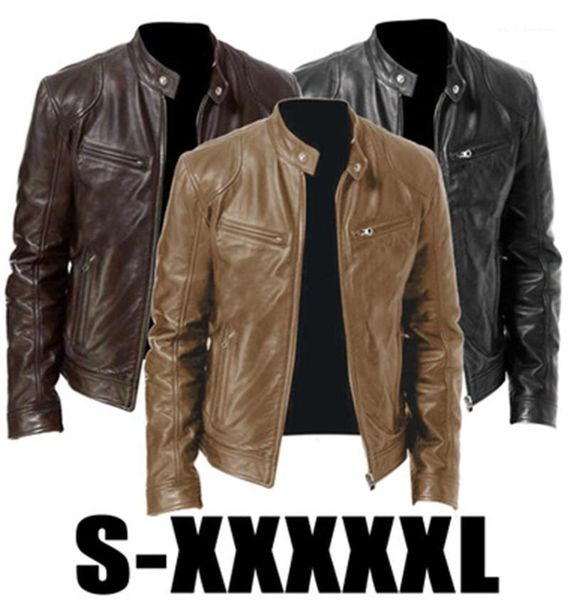 

men's & faux male stand-up collar slim coats man pu fashion autumn motorcycle leather jacket fit coat casual zipper outerwear designer, Black