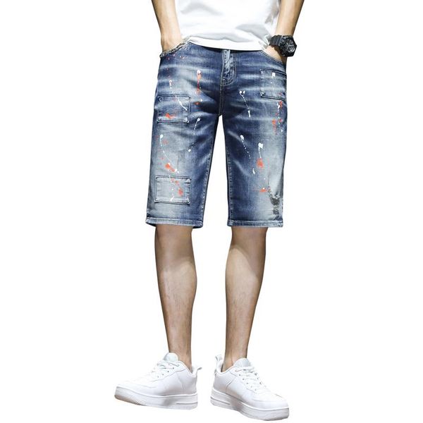 

men's jeans 2021 summer denim shorts men stretch blue slim fit ripped hip hop spray painting patch mens pants moto biker