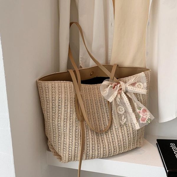 

evening bags fashion trend lace bow women's shoulder bag straw female sandy beach handbag large capacity tote shopper bolsos for women