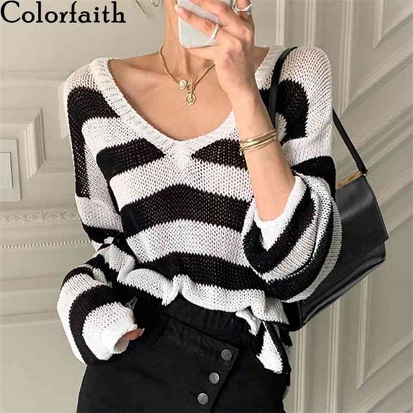 

spring summer women sweater v-neck pullovers knitted striped split korean oversize wild lady jumpers sw8852 210427, White