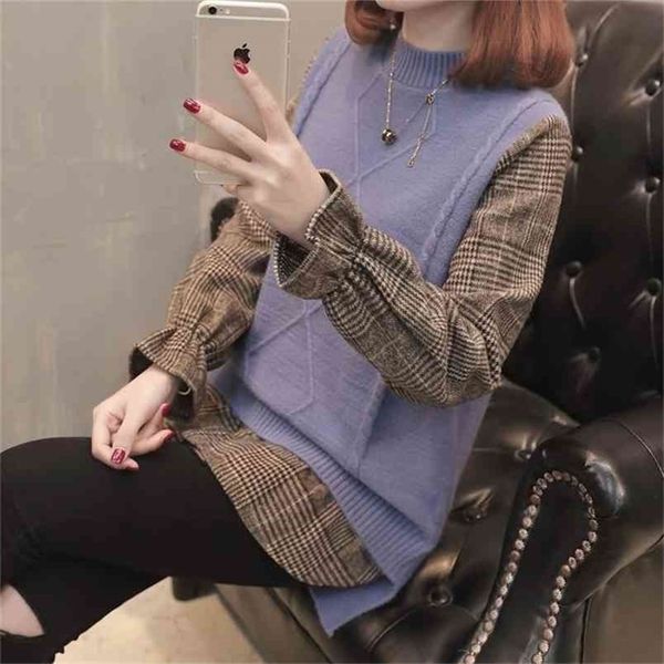 

fake two-piece sweater women autumn winter plaid stitching contrast color pullover femme o neck long sleeve loose jumper 210522, White
