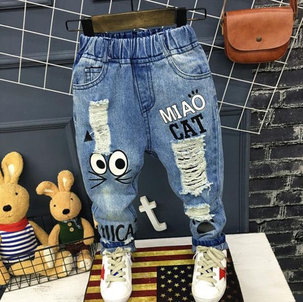 

jeans children's kids ripped pants boys and girls with the same letter pattern fashion suitable for 2-7 years old, Blue