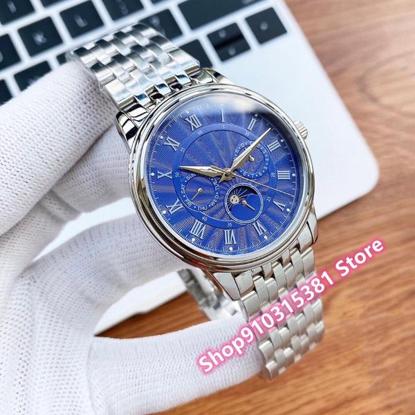 

wristwatches famous men automatic mechanical rome number watches silver stainless steel moon phase male multi-function clock 40mm, Slivery;brown