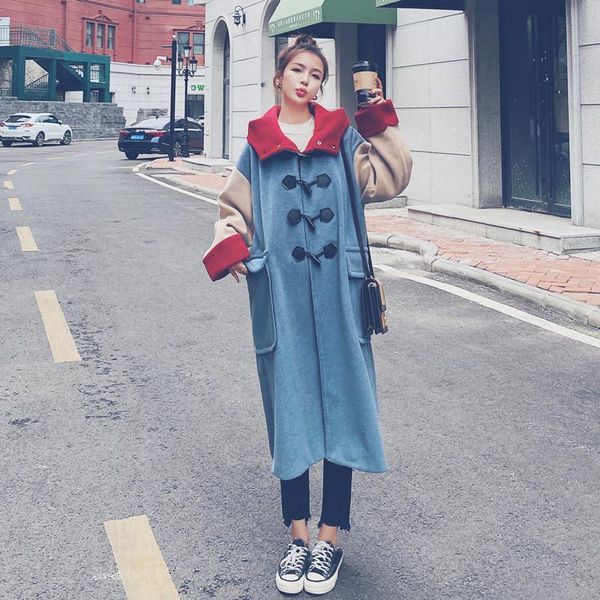 

women's wool & blends winter woolen coat korean thickened long stitching contrast color ladies cape horn buckle chic fashion windproof, Black