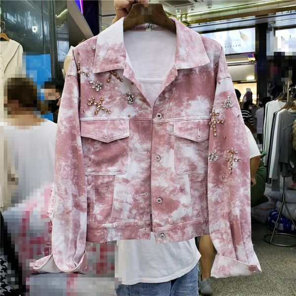 

europe station autumn 2021 fashion fried street tie dye heavy industry nail bead loose long sleeve denim jacket female trend women's ja, Black;brown