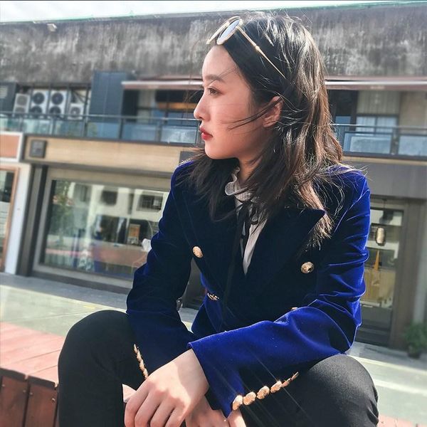 

women's suits & blazers 2021 fashion double breasted women velvet autumn winter elegant solid long sleeve blazer coats, White;black