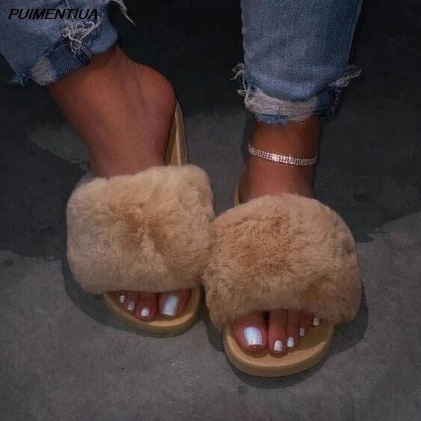 

slippers bling women fur winter furry plush ladies flats flip flops female fluffy indoor outdoor shoes woman slip on home slides, Black