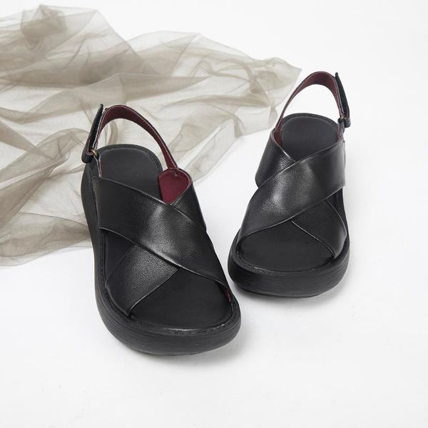 

slippers 2021 summer fish mouth sandals thick bottom wedge with roman toe layer leather back, Black