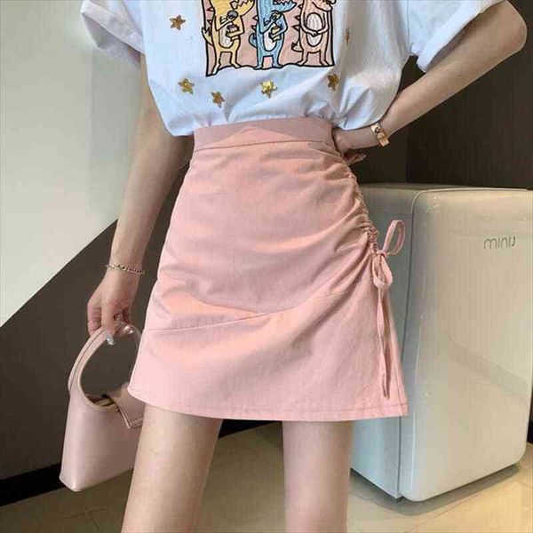 

kawaii mini skirts women pink irregular shirring high waisted a-line short skirt for girls summer korean fashion office, Black