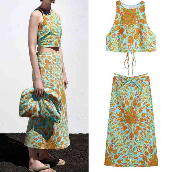 

two piece dress 2021 autumn women 2pcs skirt suit short floral print coat suits sling folds decoration short paragraph xv45, White