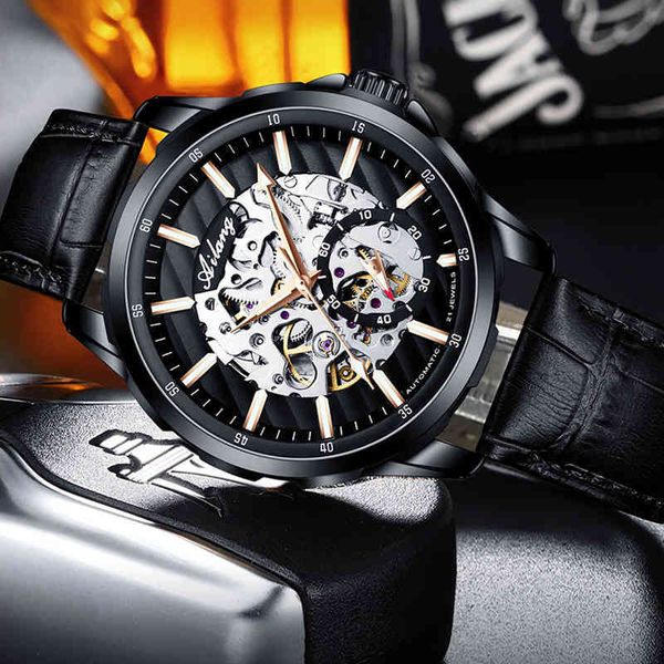 

watches new design luxury ailang transparent hollow skeleton men tours leather waterproof automatic, Slivery;brown